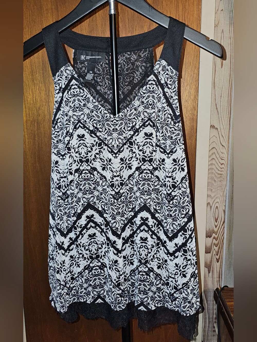INC International Concepts Geo-Print V-Neck Petite Tank With Lace Trim